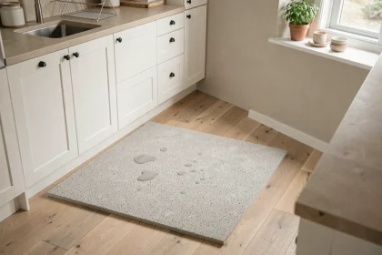 Tapis en diatomite posé devant un évier de cuisine en bois clair avec quelques gouttes d'eau sur sa surface texturée grise