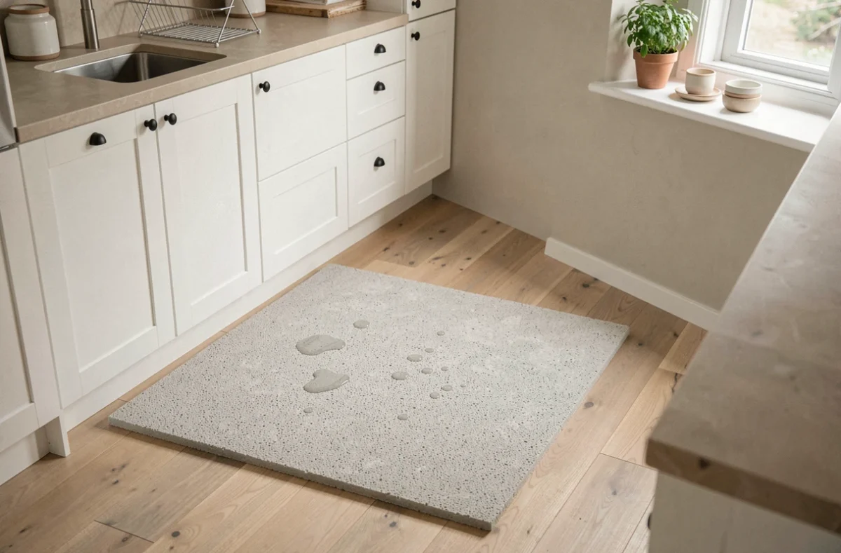 Tapis en diatomite posé devant un évier de cuisine en bois clair avec quelques gouttes d'eau sur sa surface texturée grise