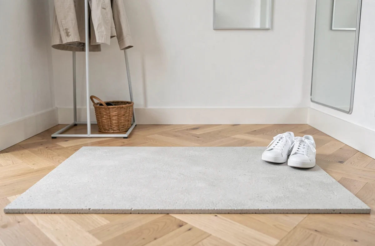 Tapis en diatomite dans une entrée minimaliste avec parquet en chêne clair et chaussures blanches posées à côté