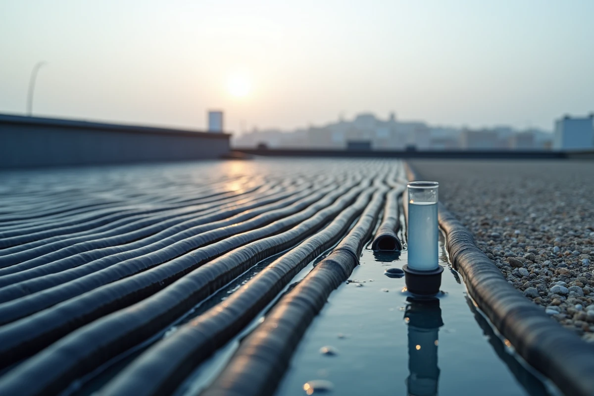 Tapis solaire de chauffage de piscine installé sur une terrasse de toit en milieu urbain