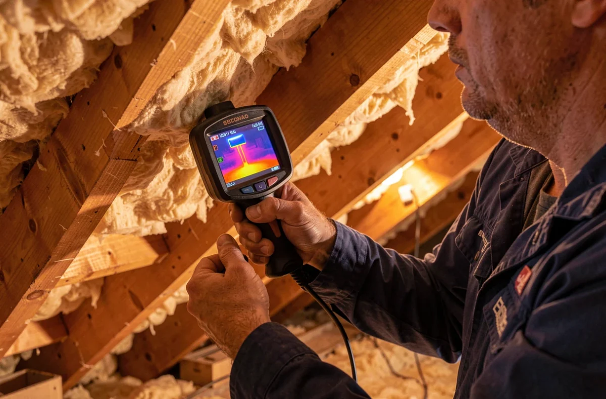 Technicien contrôlant l'isolation des combles à la caméra thermique