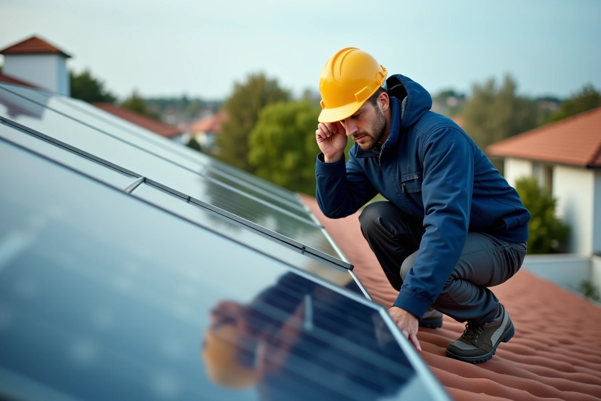 Technicien inspectant des panneaux photovoltaïques sur un toit résidentiel en écoutant d'éventuels bruits
