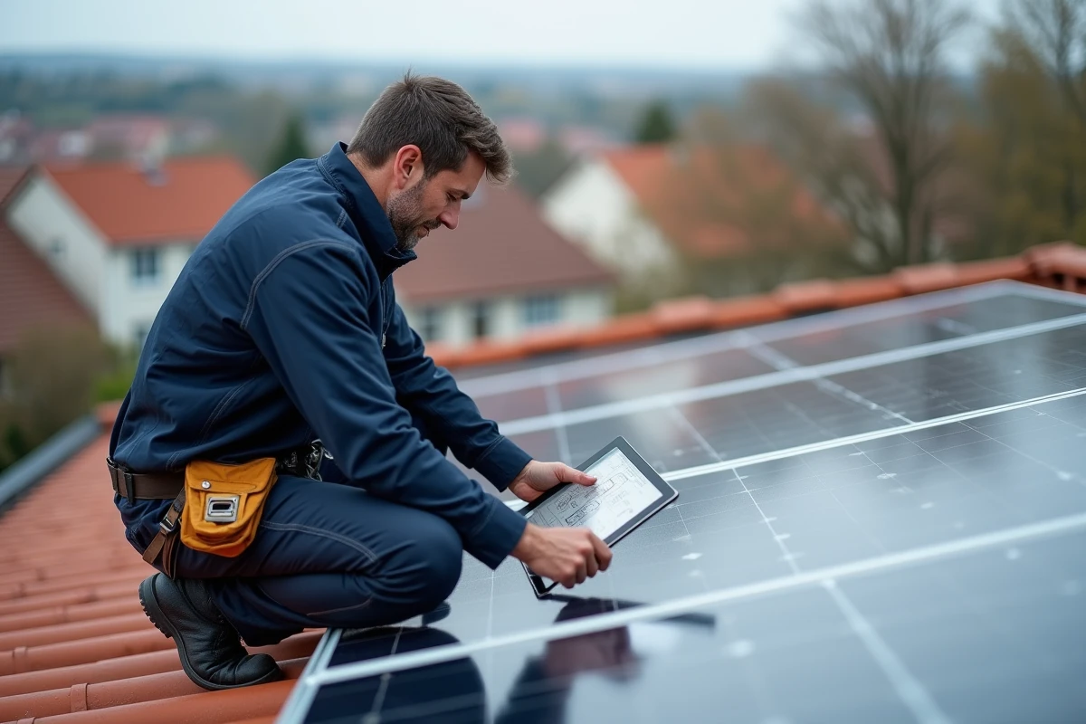 Technicien inspectant des panneaux solaires sur le toit d'une maison de 150m2 avec tablette numérique