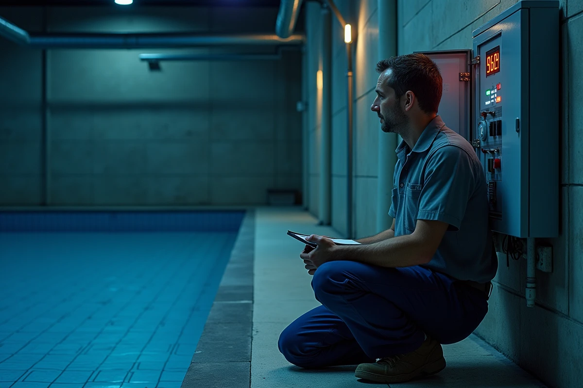 Technicien de piscine analysant la consommation électrique sur un tableau de contrôle la nuit