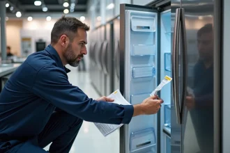 Technicien examinant un réfrigérateur moderne dans un showroom d'électroménager avec une étiquette énergie en main