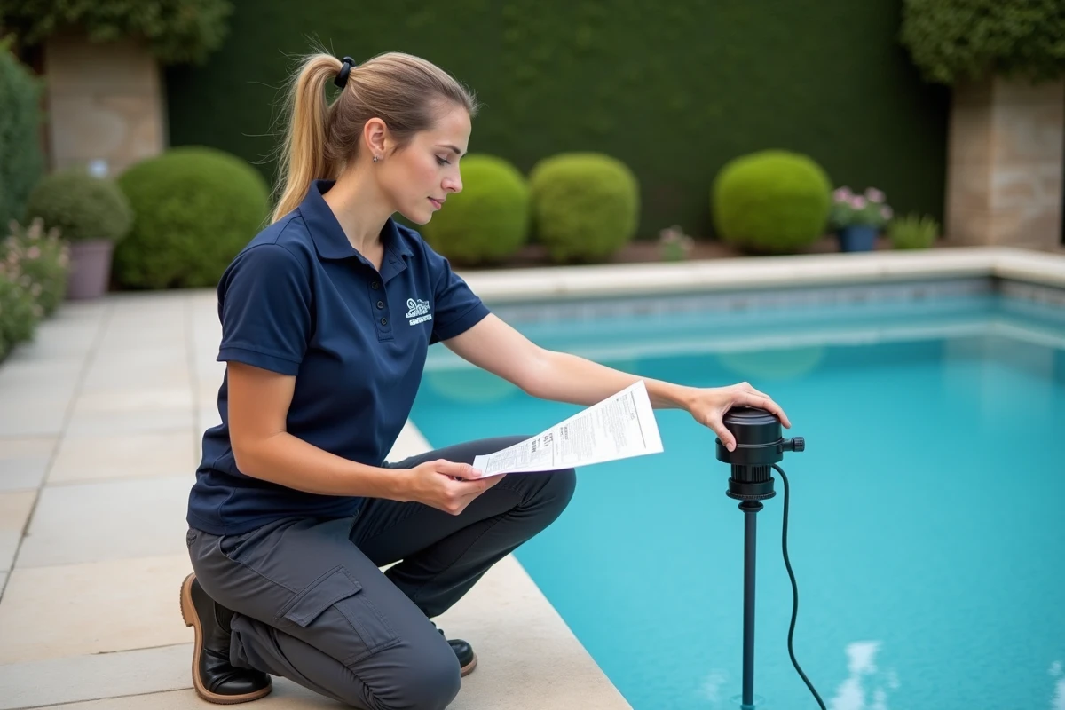 Technicienne vérifiant la conformité d'une alarme de piscine immergée selon les normes de sécurité en vigueur