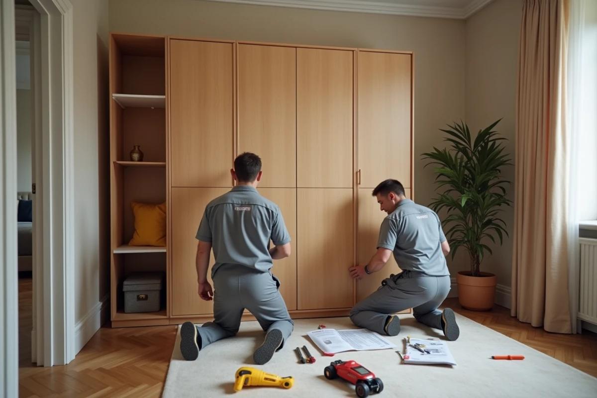 Deux techniciens en train d'assembler une armoire dans une chambre à coucher lors d'un service de livraison et installation de meubles