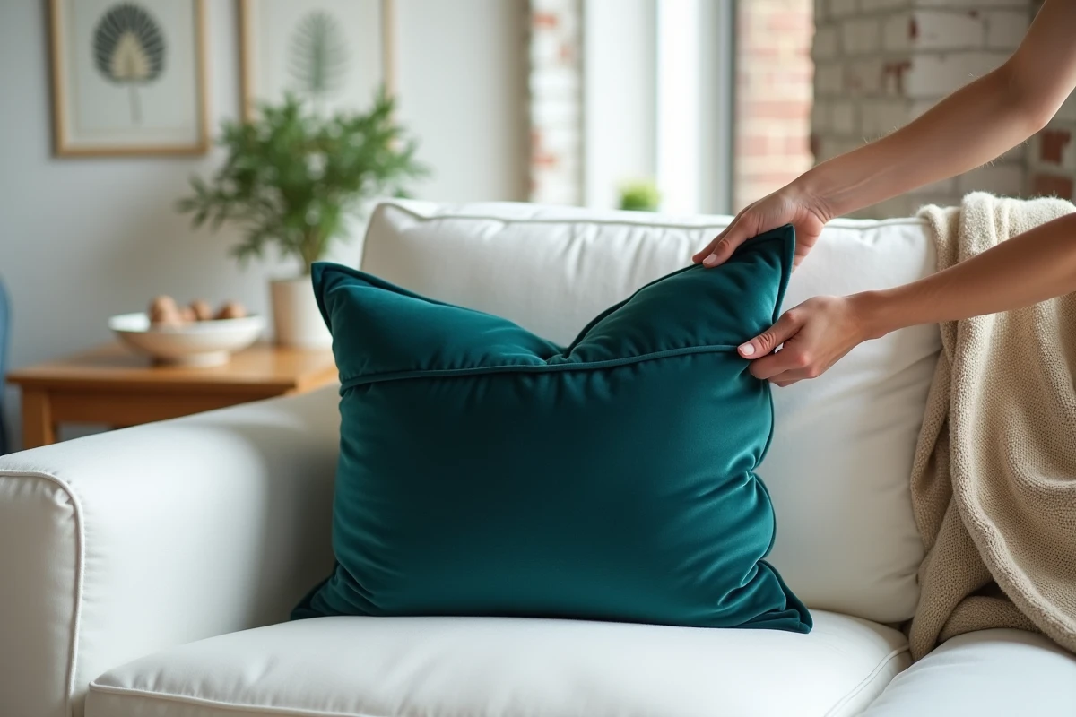 Mains féminines pliant un coussin en velours sarcelle sur un canapé blanc selon la technique du karaté-chop pour un rendu soigné