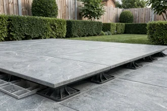 Terrasse en carrelage sur plots réglables avec dalles en grès cérame gris et système de plots visibles en bordure
