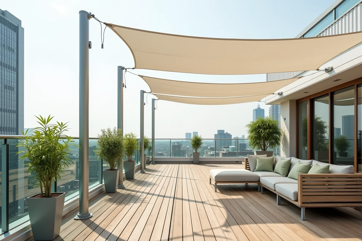 Terrasse urbaine moderne avec pergola rétractable et voile d'ombrage blanc pour se protéger de la chaleur en été