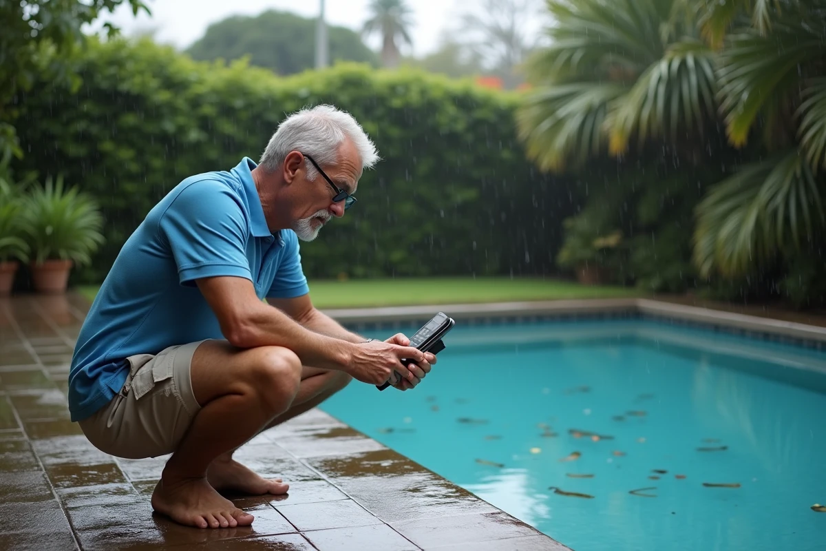 Homme testant la qualité de l'eau d'une piscine après un orage avec un kit d'analyse chimique