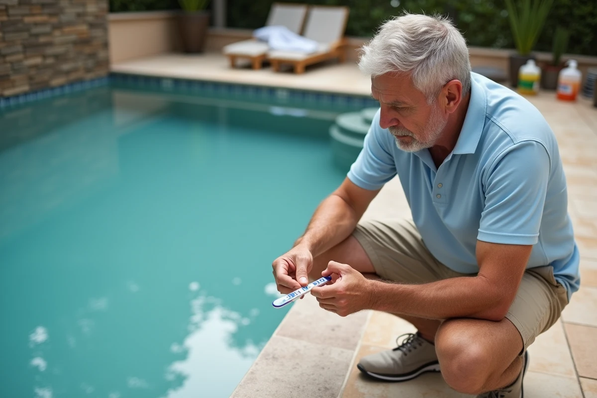 Homme testant la qualité de l'eau trouble d'une piscine avec un kit d'analyse chimique