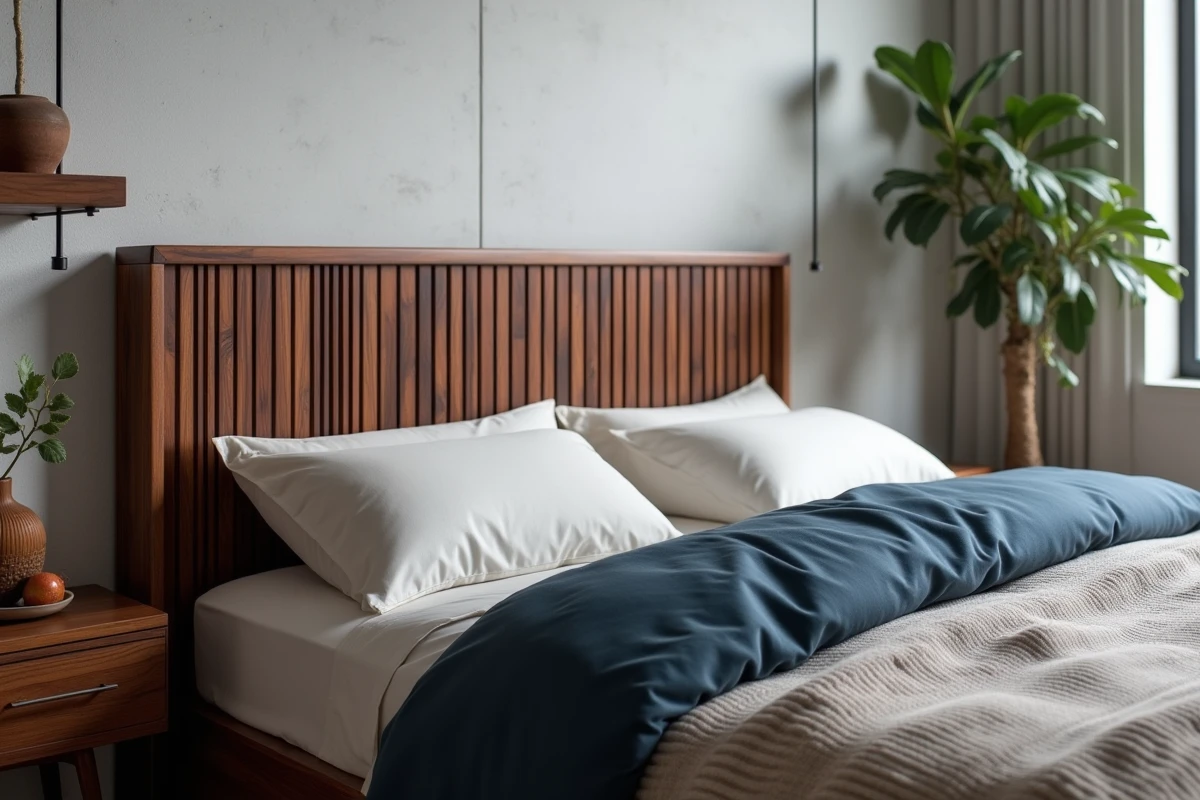 Tête de lit en bois de noyer à lattes verticales dans une chambre au style mid-century moderne