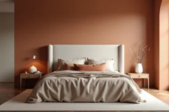 Tête de lit en tissu bouclé ivoire dans une chambre contemporaine aux tons sable et terre cuite