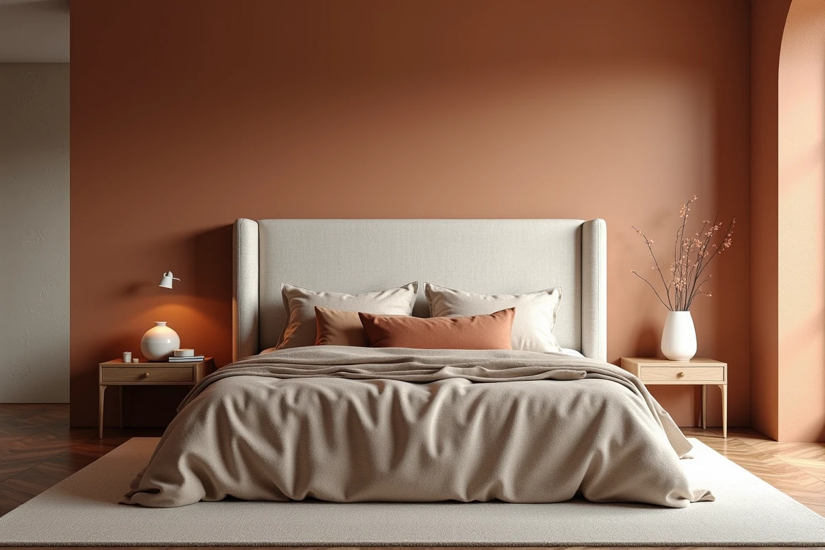 Tête de lit en tissu bouclé ivoire dans une chambre contemporaine aux tons sable et terre cuite