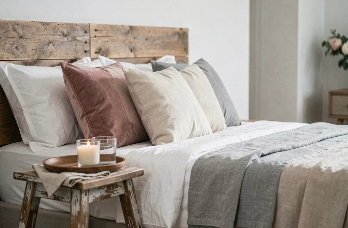 Tête de lit en bois récupéré fait maison dans une chambre parentale stylée à budget serré, avec coussins velours et table de nuit chinée