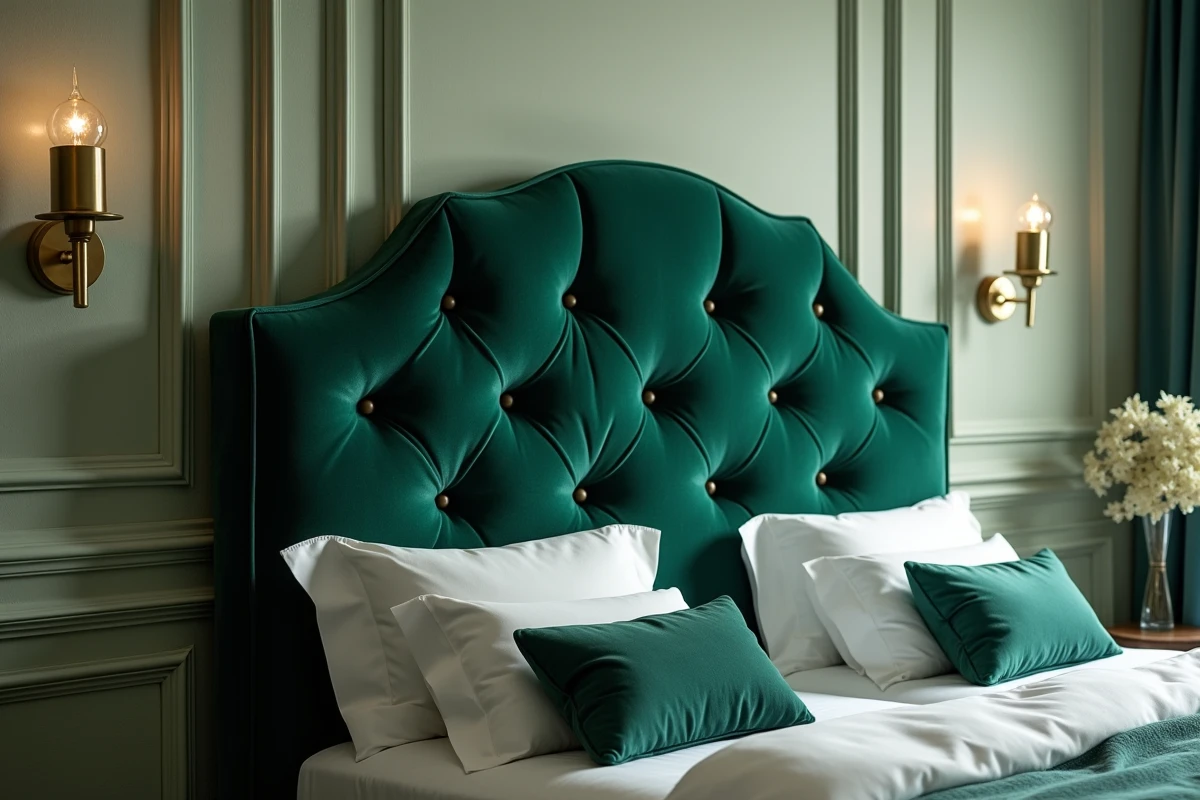 Tête de lit en velours vert forêt capitonné avec boutons laiton dans une chambre parisienne au style élégant