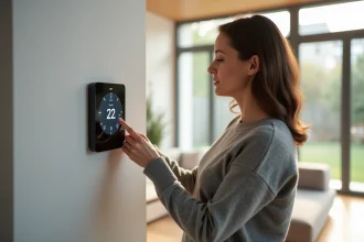 Femme ajustant un thermostat connecté de pompe à chaleur dans un salon moderne et écologique