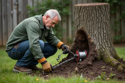 Homme attachant un tire-fort manuel à une souche d'arbre dans un jardin, chaîne enroulée autour des racines exposées