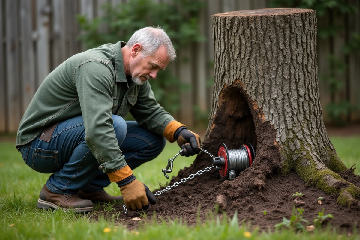 Homme attachant un tire-fort manuel à une souche d'arbre dans un jardin, chaîne enroulée autour des racines exposées