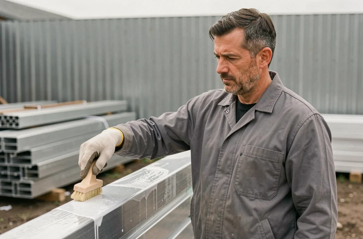 Technicien appliquant un traitement anticorrosion sur un tube rectangulaire en aluminium dans un chantier industriel