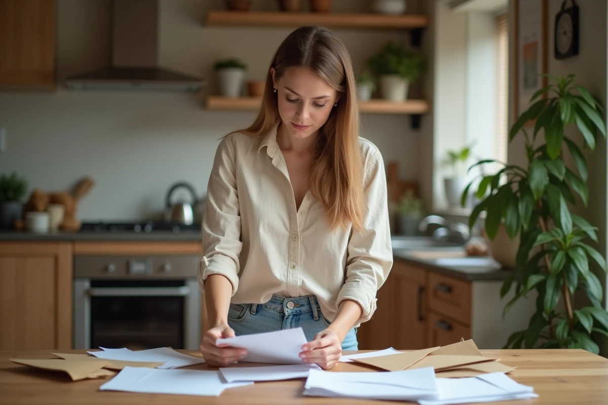Femme triant son courrier postal sur une table en bois dans une cuisine chaleureuse