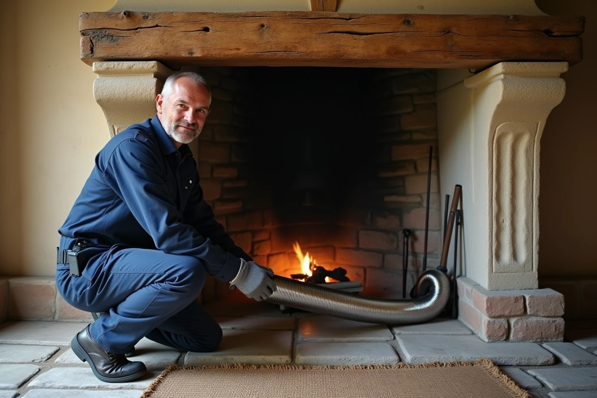 Technicien en train de tuber une cheminée à foyer ouvert avec un conduit en acier inoxydable dans une maison de campagne française