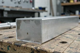 Gros plan sur un tube rectangulaire en aluminium anodisé avec traces d'oxydation légère sur la surface brossée