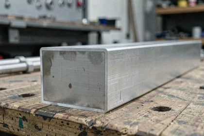 Gros plan sur un tube rectangulaire en aluminium anodisé avec traces d'oxydation légère sur la surface brossée