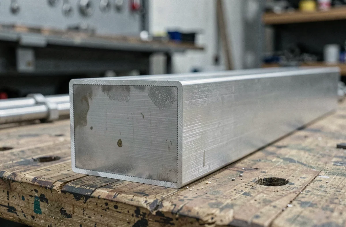 Gros plan sur un tube rectangulaire en aluminium anodisé avec traces d'oxydation légère sur la surface brossée