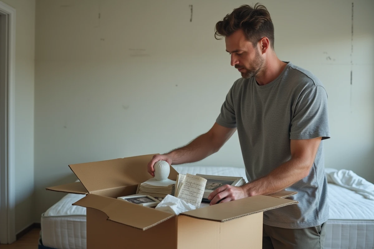 Homme emballant des objets personnels et des souvenirs dans des cartons dans une chambre vide aux murs marqués