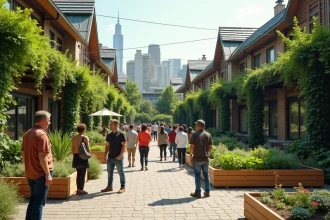 Groupe de résidents dans une place piétonne durable avec jardins communautaires et toits végétalisés en ville