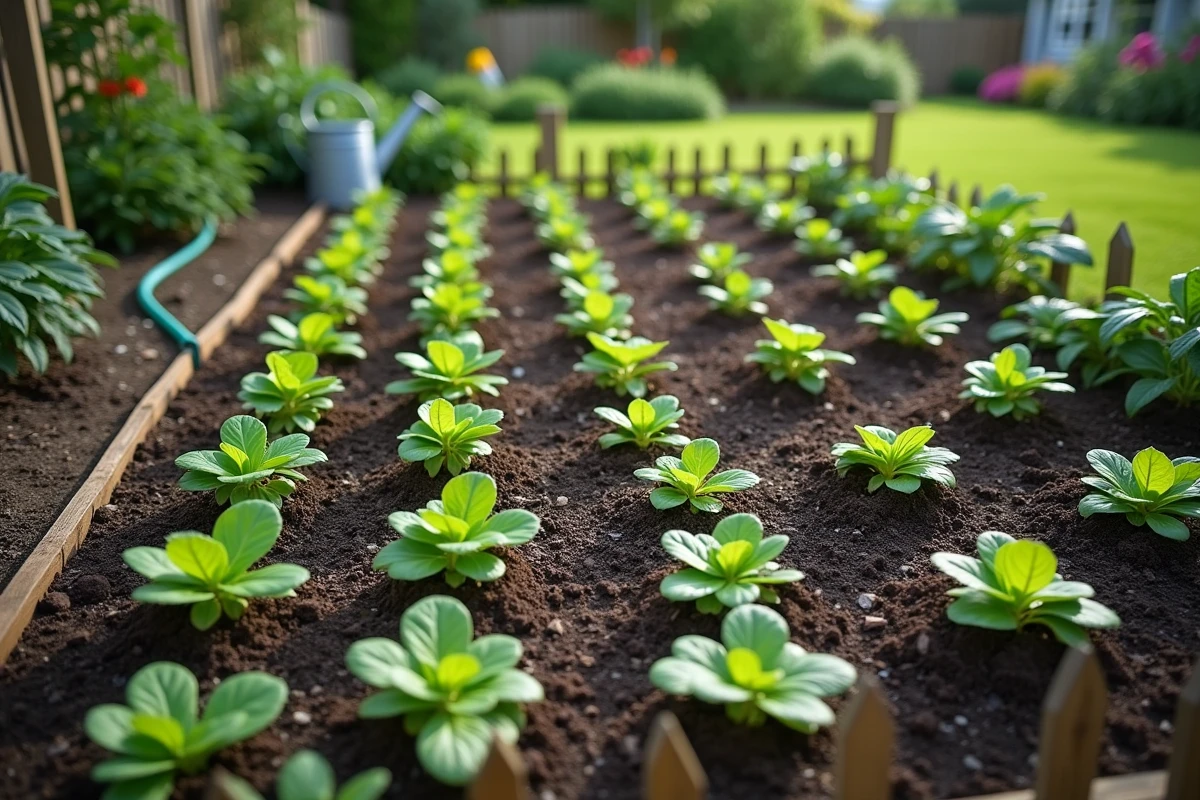 Vue aérienne légère d'un potager débutant bien organisé avec des rangées de jeunes plants étiquetés et un arrosoir