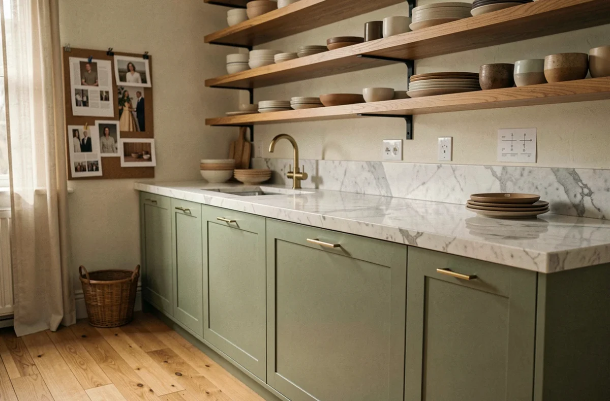 Cuisine sur mesure Wancha avec façades vert sauge mat et quincaillerie en laiton dans un atelier de design