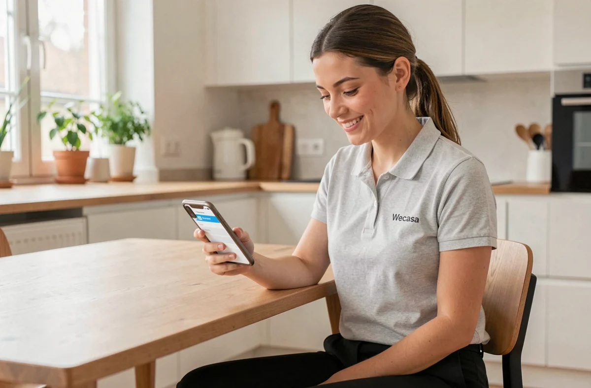 Jeune femme utilisant l'application Wecasa pour réserver un service de ménage à domicile dans le Haut-Rhin